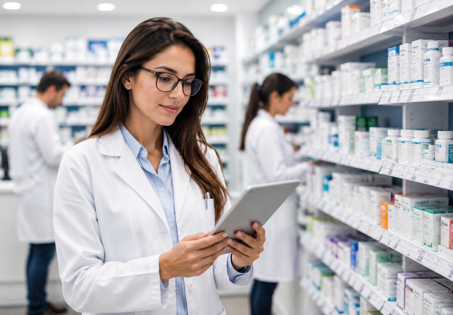 A pharmacist reviewing product information on a tablet