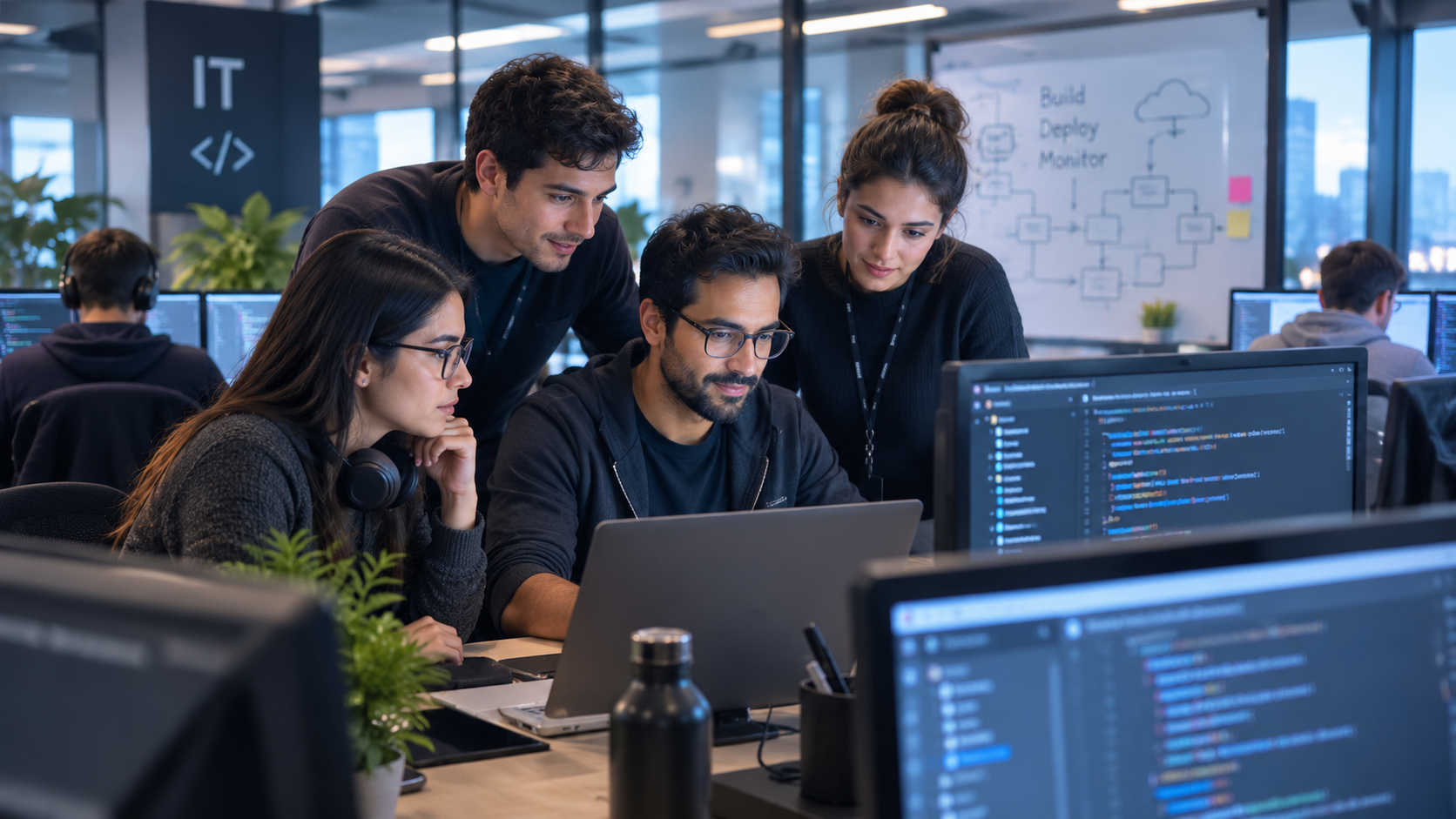 A marketing operations team reviewing integration work together